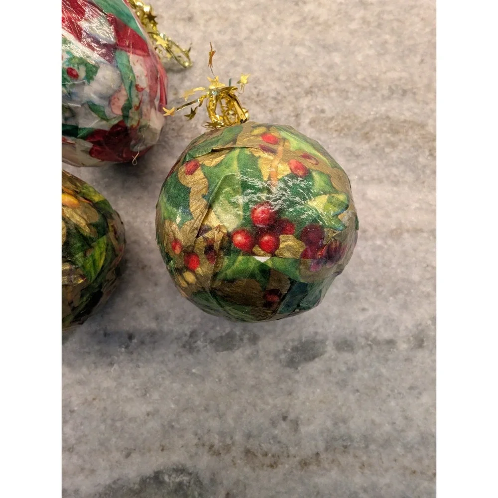 (3) Handmade Decoupage Round Ball‎ Ornaments Christmas